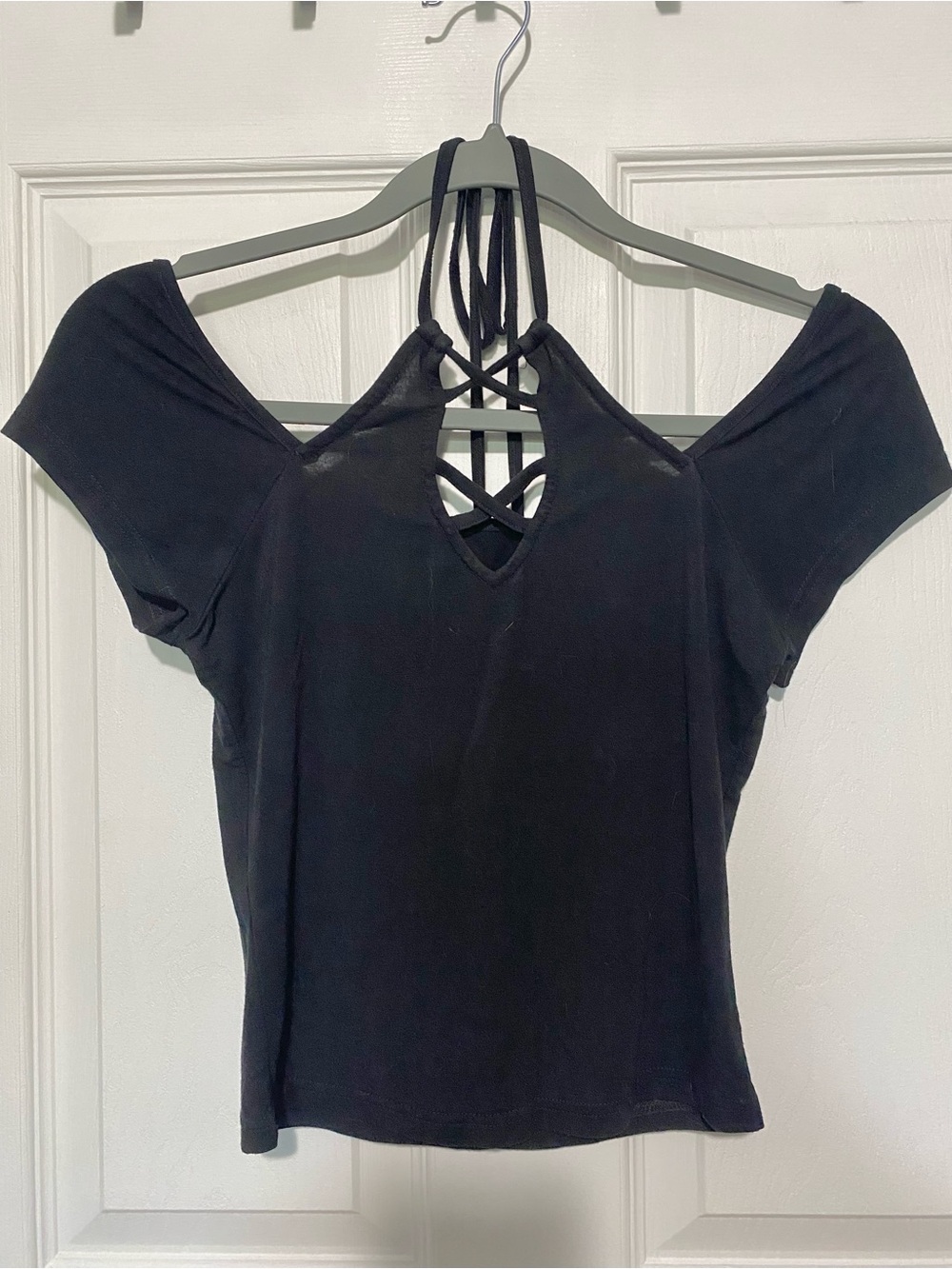 Black Cold-Shoulder Crop Top with Strappy Front
